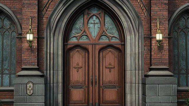 Elegant wooden door and stained glass window of a brick church - Powered by Adobe