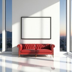 Fototapeta premium Classic red leather chesterfield sofa with button tufting and wooden legs for living room decor accent