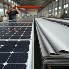 Solar panel manufacturing. Close-up of solar panels on a conveyor belt in a factory with a worker in the background.