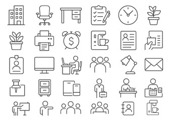 30 Office workspace icons set of web icons in line style on transparent background