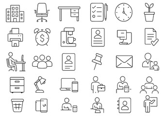 30 vector icons set of office workspace related icons including desk, chair, computer, and office supplies line art