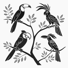 Fototapeta premium Toucans and Parrots on Tree Branches macaw cockatoo