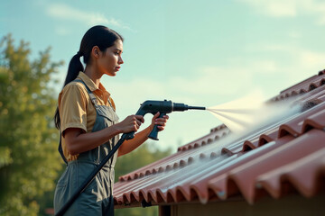 Woman cleaning a roof. A young woman in overalls uses a pressure washer to clean the tiles on a house roof.