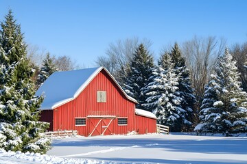 Red Barn Surrounded by Snowy Pine Trees on Sunny Winter Day in Rural Landscape