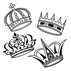 Set of four black and white crown illustrations royal regal