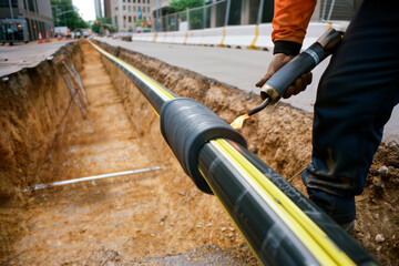 A worker installs a heat shrink sleeve onto a cable. An electrician uses a blowtorch to heat shrink a cable sleeve onto a high-voltage cable.