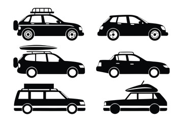 SUV Vector Set: A versatile set of vector illustrations showcasing various SUV models equipped with roof racks and cargo boxes, ideal for travel and adventure design projects. © abidakhatun