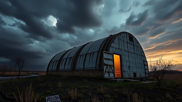 Dramatic Weather Over Quonset Hut - Rural Landscape with Warm Interior Light Against an Approaching Storm for Post Apocalyptic, Abandonment and Resilience Themes
