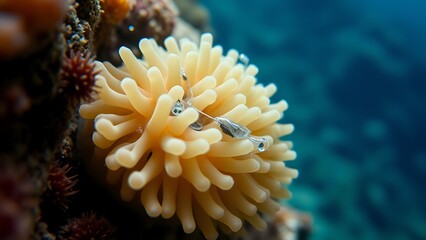 Fototapeta premium Intricate Sea Anemone Close-Up - Captivating Underwater Biology Scene for Nature Education, Marine Conservation, and Science Presentations with Delicate Tentacles and Translucent Debris.