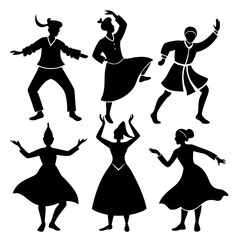Six black silhouettes of people dancing in traditional attire folk dance traditional clothing