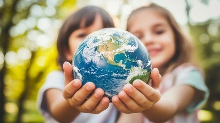 Two children holding a small globe together, symbolizing unity, care, and responsibility for the Earth.
