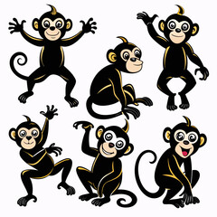 Six playful black monkeys with yellow accents in various poses primate animal