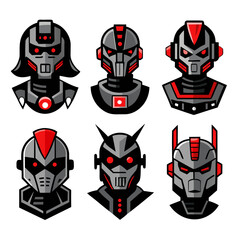 Six robotic heads with red glowing eyes and metallic gray bodies vector