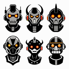 Six robotic heads with glowing orange eyes and black and gray metallic designs robot heads