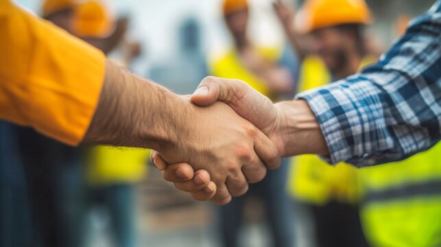 Two construction workers shake hands outdoors, symbolizing teamwork and agreement on site. - Powered by Adobe