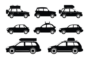 Versatile Car Collection Silhouettes: A set of sleek, black car silhouettes, perfect for travel, adventure, and everyday journeys, embodying the spirit of freedom and exploration.