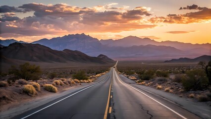 Desert road trip at sunset scenic landscape highway travel destination mountain range horizon adventure