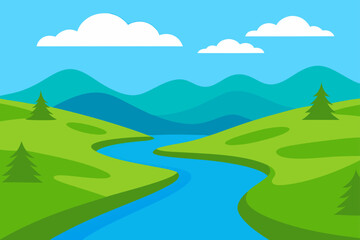 Obraz premium Peaceful Meadow River Landscape Illustration