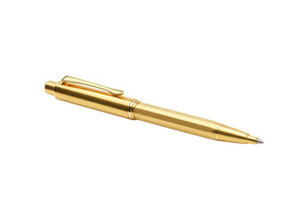A luxurious, high-end, polished golden ballpoint pen with a distinctive hexagonal barrel and matching gold clip, resting horizontally on a pure, transparent background with soft shadow and copy