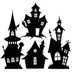 Spooky haunted houses with pointed roofs and windows Halloween silhouette