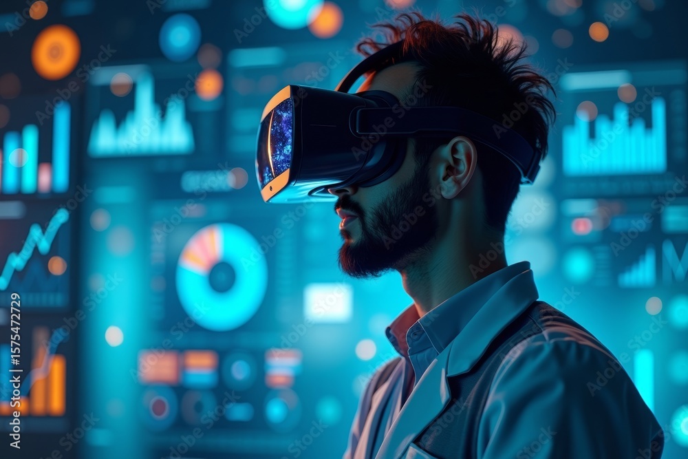 Poster data analyst in virtual reality: immersed in futuristic digital world with floating data analytics k