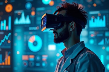 Data Analyst in Virtual Reality: Immersed in Futuristic Digital World with Floating Data Analytics KPI Dashboards.