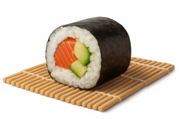 Salmon and avocado hosomaki resting on bamboo mat, transparent backdrop highlighting sushi preparation