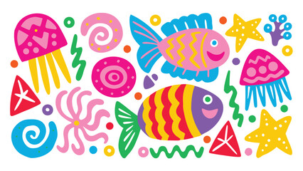 Colorful sea life illustration featuring fish, jellyfish, starfish, and abstract shapes together
