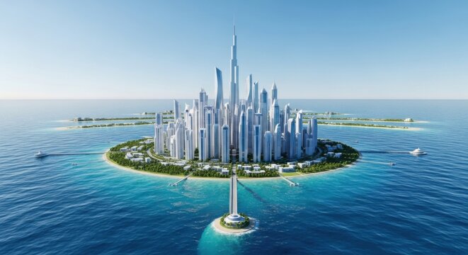 Futuristic City Skyline on Island Surrounded by Blue Ocean with Tall Skyscrapers and Modern Architecture