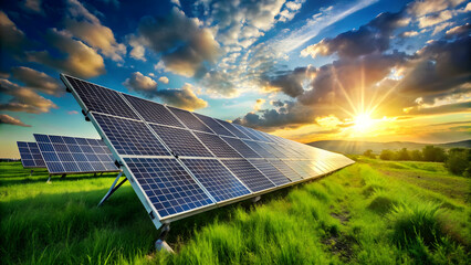 Solar Panel Field Under Golden Sky