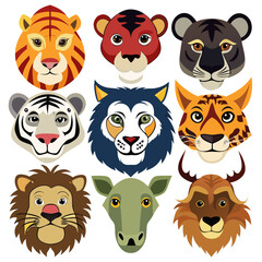 Wild animal faces lion tiger cheetah wolf antelope wildebeest