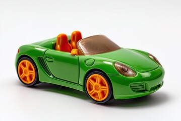 Green convertible toy car,  bright orange accents