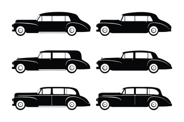 Classic Car Silhouettes: Collection of six vintage car silhouettes, showcasing classic car design in black and white. Perfect for design projects. 