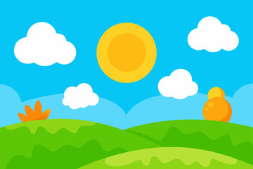 Obraz premium vibrant cartoon meadow with clouds and bright sun variation one
