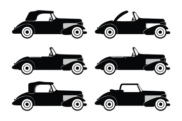 Classic Car Silhouettes: Collection of six vintage car silhouettes, showcasing various body styles, perfect for design projects needing a retro touch.