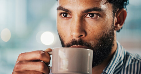 Businessman, thinking and drinking with coffee in office for project deadline, analysis or...