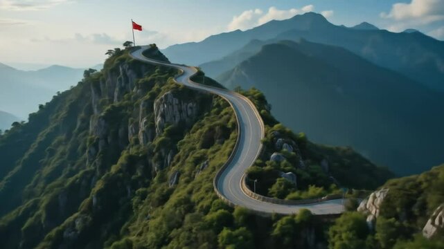 The winding road up the mountain symbolizes the challenging journey towards success and ambitious goals, with the Chinese flag flying at the top of the mountain. 4k video