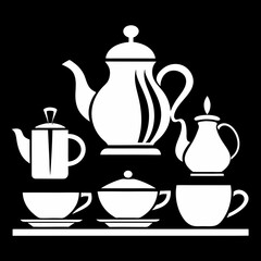 White teapots and cups arranged on a shelf saucers sugar bowl