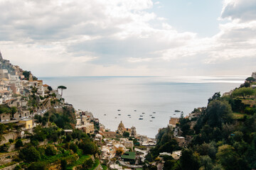 View over Positano and Tyrrhenian Sea from above, Amalfi Coast