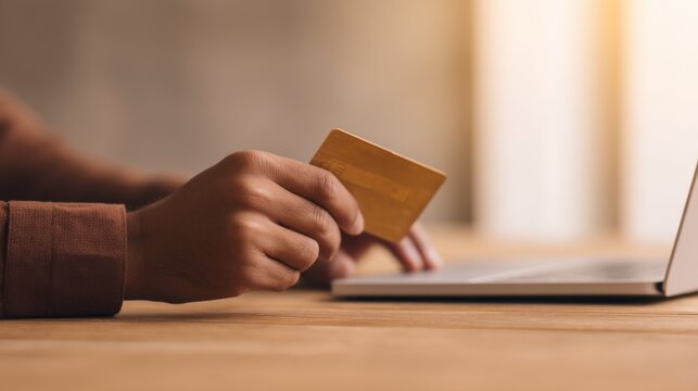 Seamless E-Commerce Transactions with Secure Payment Gateway Solutions, A person holds a credit card while using a laptop on a wooden table.