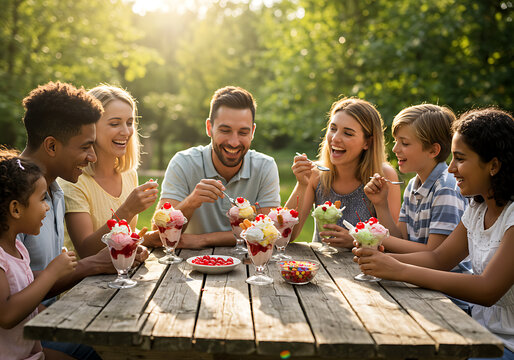 A group of people, including children, enjoy ice cream sundaes at a picnic table outdoors, laughing and smiling.
