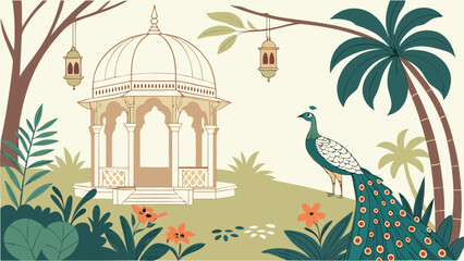 Illustration of indian pavilion with peacock and palm trees for graphic design and print design use cases