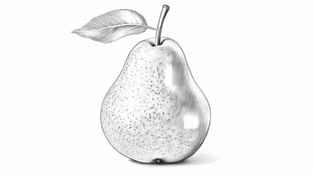Detailed grayscale drawing of a pear with leaf.