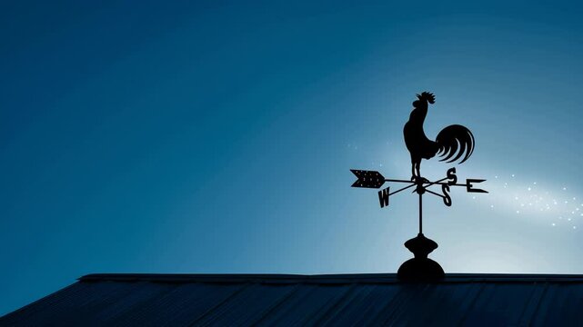 青空に浮かぶ鉄製風見鶏のシルエット