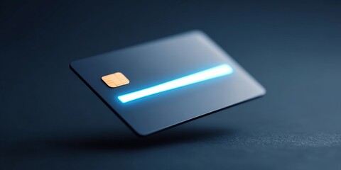 Seamless E-Commerce Transactions with Secure Payment Gateway Solutions, A futuristic credit card with a glowing strip, floating against a dark backdrop.