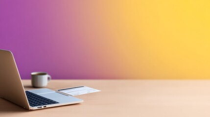 Seamless E-Commerce Transactions with Secure Payment Gateway Solutions, A modern workspace featuring a laptop, coffee cup, and colorful gradient background.