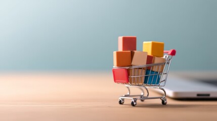 Seamless E-Commerce Transactions with Secure Payment Gateway Solutions, Shopping cart with colorful blocks on a wooden surface next to a smartphone.