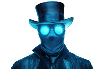 Mysterious Figure in Top Hat and Goggles: A Steampunk Enigma in Cyan Light