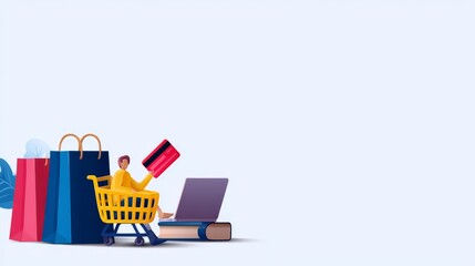 Seamless E-Commerce Transactions with Secure Payment Gateway Solutions, Shopping scene with colorful bags, a cart, and a person holding items, set against a light background.