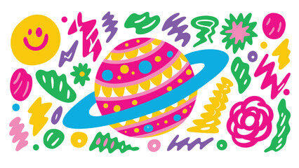 Fototapeta premium Colorful cartoon illustration featuring a planet with a ring and various abstract shapes and symbols